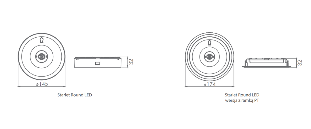 STARLET ROUND: średnica 145 mm, wysokość 32 mm; ramka PT o średnicy 174 mm